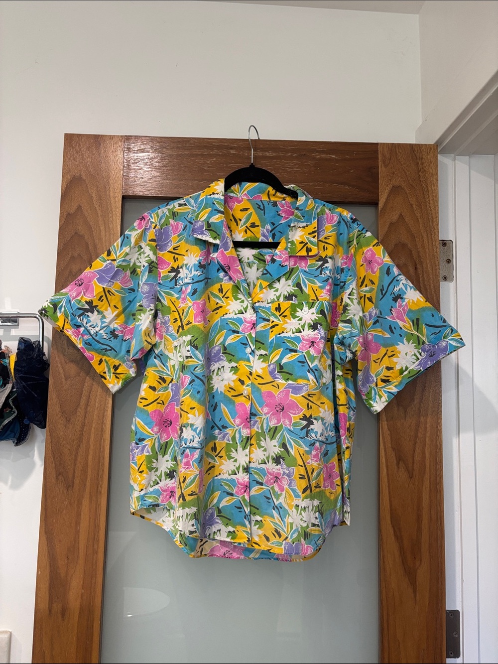 Vintage Floral Button-Down Shirt in Blue, Yellow & Pink